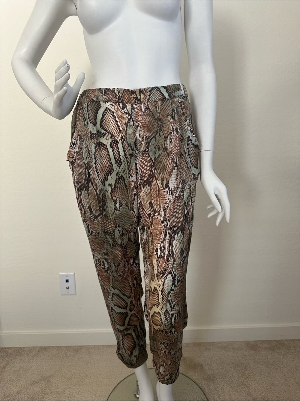 ZARA SNAKESKIN PRINT GOLD STUDDED CROPPED SOFT PANTS SZ M